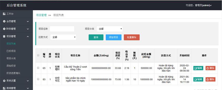 越南語專案眾籌投資分紅模板截圖